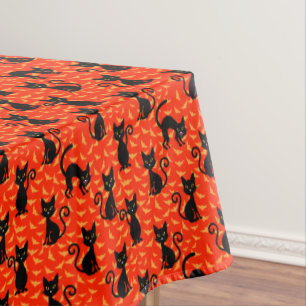 Toalha De Mesa Gato Preto Assustador Gato Halloween Bats Laranja