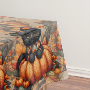 Toalha De Mesa Gato Preto na Abóbora com Padrão de Inclinação de