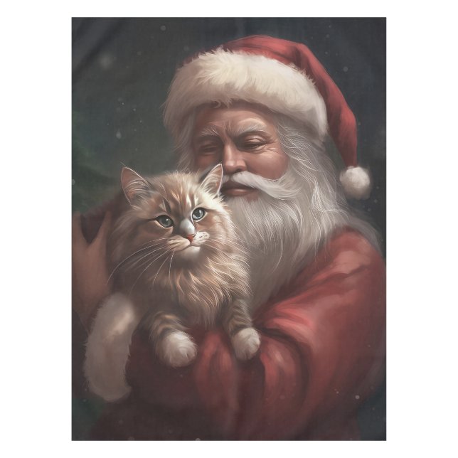 Toalha De Mesa Gato Siberiano com Papai Noel Natal Festivo (Frente)