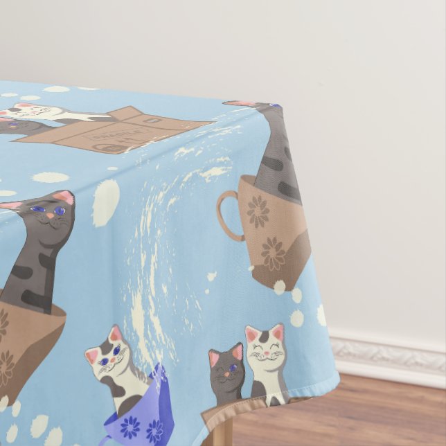 Toalha De Mesa Gatos na caixa e leite cai em azul (Posição Original)