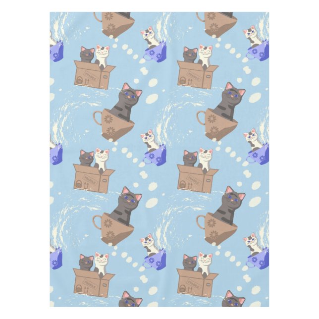 Toalha De Mesa Gatos na caixa e leite cai em azul (Frente)