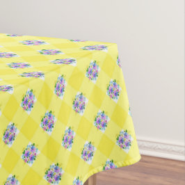 Toalha De Mesa Gingham Amarelo e Flores Azuis Roxas País