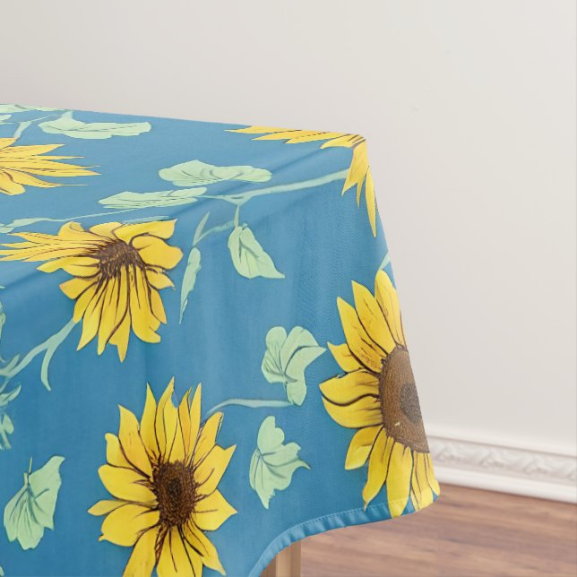 Toalha De Mesa Girassóis verdes folhas fundo azul (Posição Original)