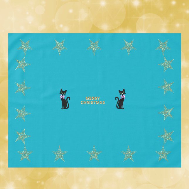 Toalha De Mesa Gold Teal Merry Christmas Cats Stars pink Bows (Merry Christmas black cats in pink bows gold stars on vibrant teal Christmas dinner table cloth.)