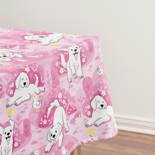 Toalha De Mesa Golden Retriever Puppy in Pink Garden (Posição Original)