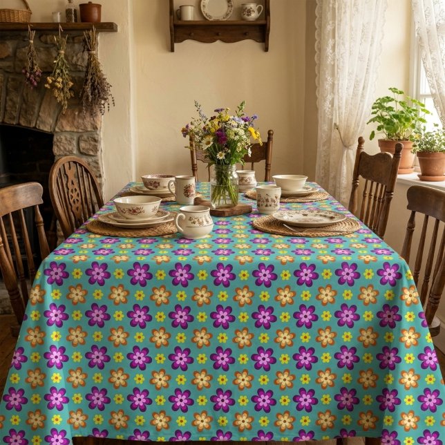 Toalha de Mesa Grande Flores Coloridas e Fofas (Cute Colorful Retro Flowers Large Tablecloth covering a table in a cottagecore style dining room.)