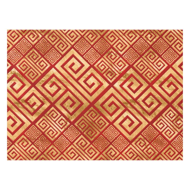 Toalha De Mesa Grego Meander - Chave Grega - Dourado no Vermelho  (Frente (Horizontal))