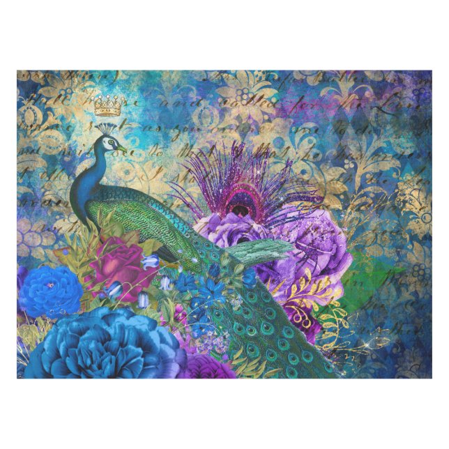 Toalha De Mesa Grunge de Pavão e Flores Ilustrado Antiquado (Frente (Horizontal))