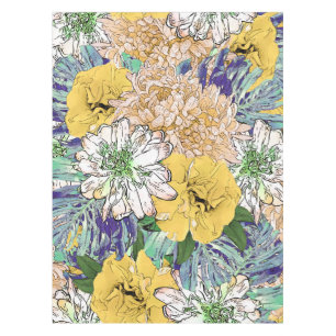 Toalha De Mesa Ilustração Cinzenta Floral Amarela e Verde Trend