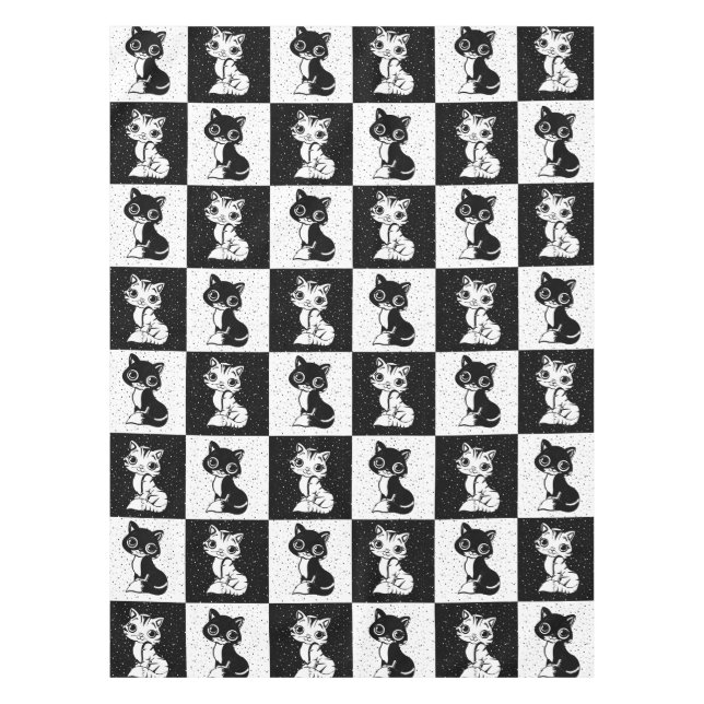 Toalha De Mesa Impressão de Bloco de Monograma Branco Preto (Frente)