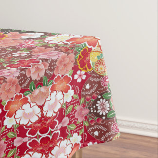 Toalha De Mesa Jantar De Algodão Floral Japonês, Rosa-Branco-Verm