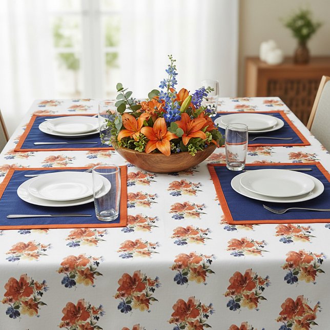 Toalha De Mesa Laranja e azul aquarela floral (Criador carregado)
