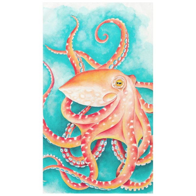 Toalha De Mesa Laranja Vermelho Tentáculos Octopus Aquarela (Frente)