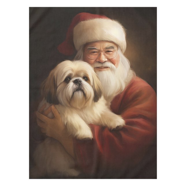 Toalha De Mesa Lhasa Apso Com Papai Noel Natal Festivo (Frente)