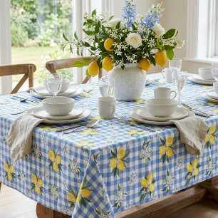 Toalha De Mesa Limões Amarelos e Xadrez Azul de Gingham