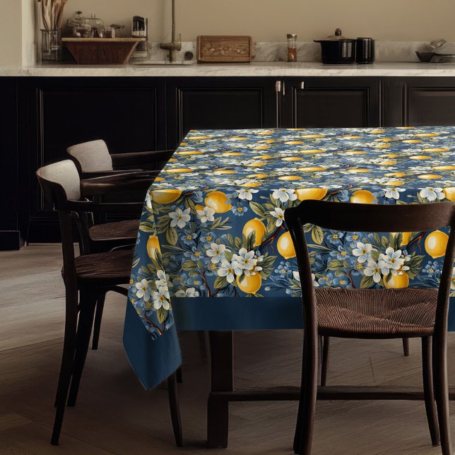Toalha De Mesa Limões amarelos vibrantes mediterrânicos marinho a (Mediterranean vibrant yellow lemons navy blue tablecloth)