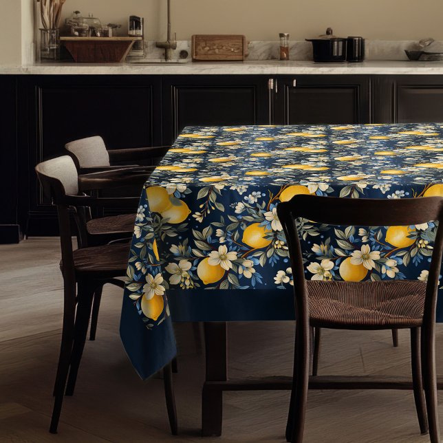 Toalha De Mesa Limões amarelos vibrantes mediterrânicos marinho a (Mediterranean vibrant yellow lemons navy blue tablecloth)