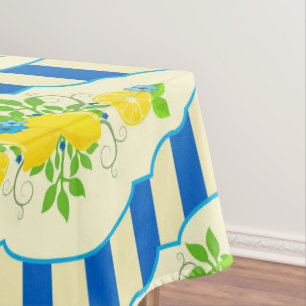 Toalha De Mesa Listras Azuis de Verão & Padrão de Limões e Folhas