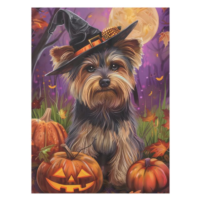 Toalha De Mesa Malandro Biewer Terrier Halloween Witch E Pumpkin (Frente)