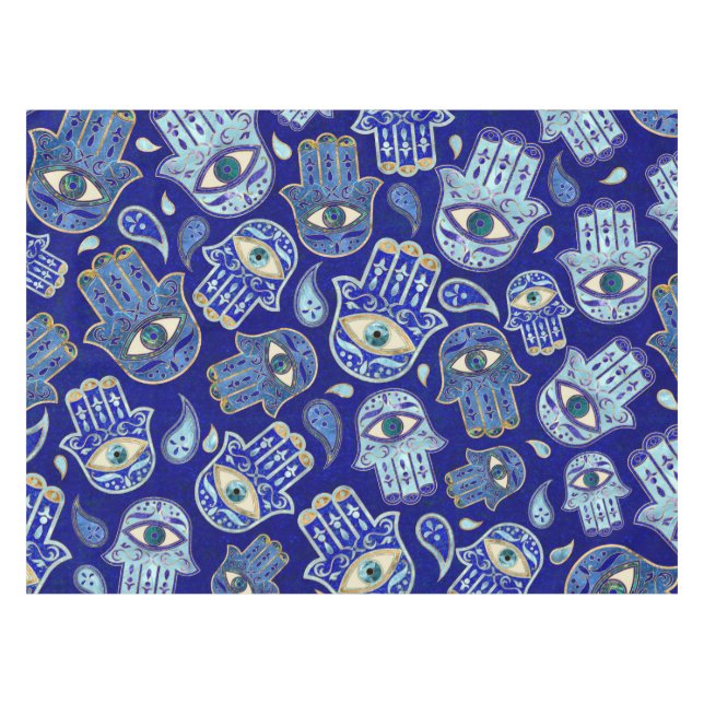 Toalha De Mesa Mão de Hamsa - Mão de Fátima Padrão Minerais Azuis (Frente (Horizontal))
