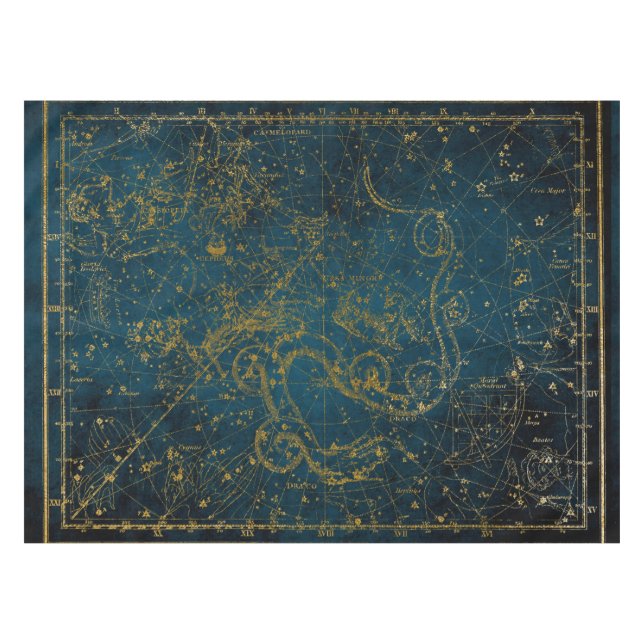 Toalha De Mesa Mapa de estrelas Dourado e Azul Escuro Ilustrado (Frente (Horizontal))