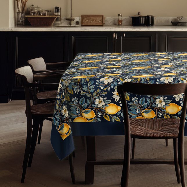 Toalha De Mesa Marinho azul-limão-amarelo-mediterrânico (Summer Mediterranean yellow lemons navy blue Tablecloth)