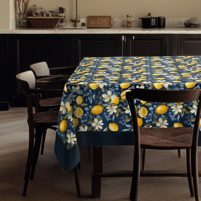 Toalha De Mesa Marinho azul-limão-amarelo-mediterrânico (Summer Mediterranean yellow lemons navy blue Tablecloth)