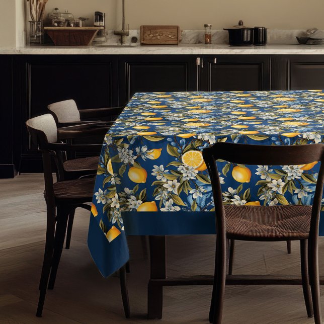 Toalha De Mesa Marinho azul-limão-amarelo-mediterrânico (Summer Mediterranean yellow lemons navy blue Tablecloth)