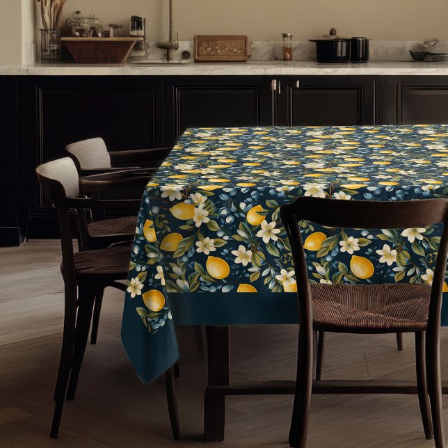 Toalha De Mesa Marinho azul-limão-amarelo-mediterrânico (Summer Mediterranean yellow lemons navy blue Tablecloth)