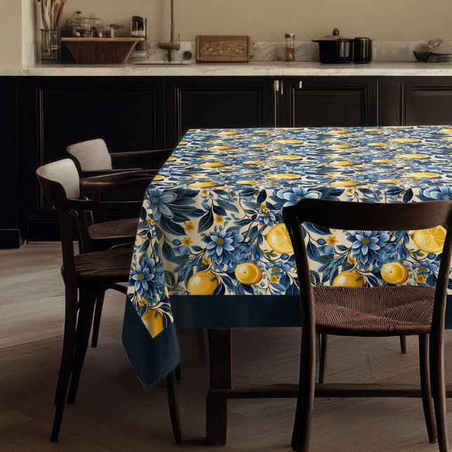 Toalha De Mesa Marinho azul-limão-amarelo-mediterrânico (Summer Mediterranean yellow lemons navy blue Tablecloth)