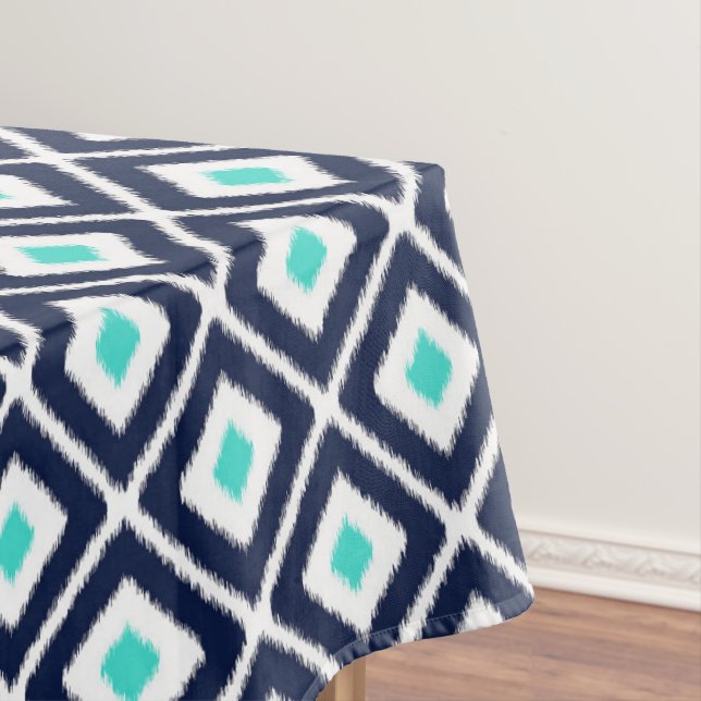 Toalha De Mesa Marinho Azul, Turquesa, Diamante Branco Ikat (Posição Original)