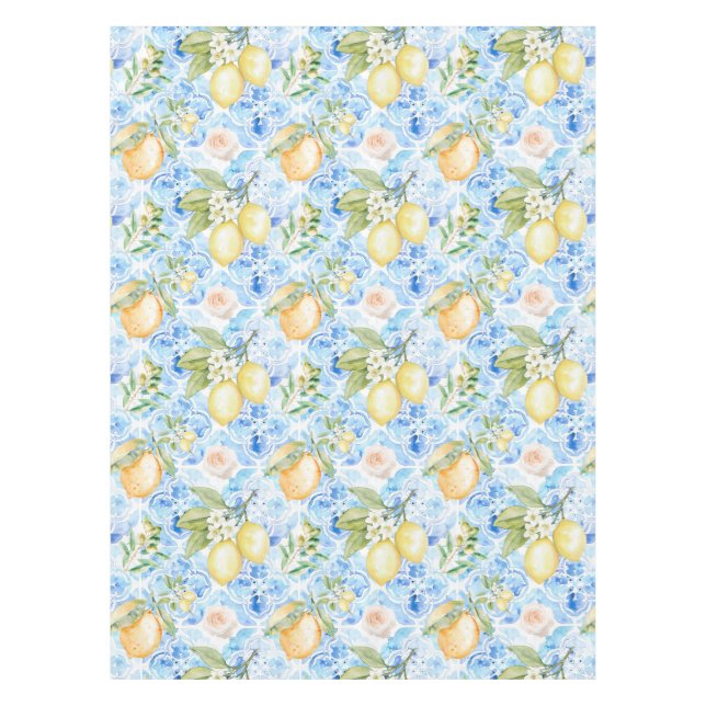 Toalha De Mesa Mediterranean Blue Tile Yellow Lemon Watercolor (Frente)