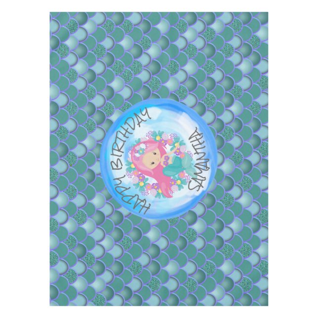 Toalha De Mesa Mermaid Birthday Sea Blue Scalloth (Frente)