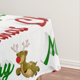 Toalha De Mesa Merry Christmas Flying Reindeer red green script
