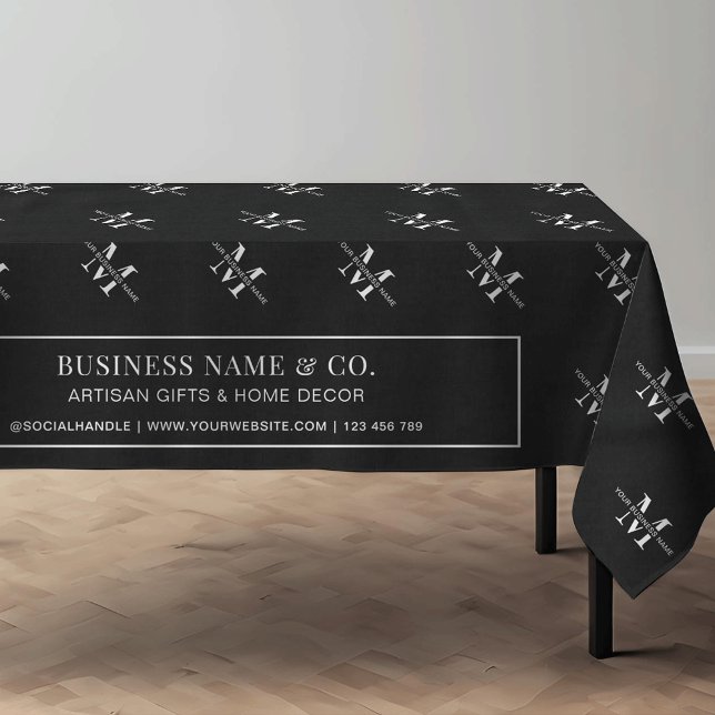 Toalha De Mesa Mínimo preto de inicializações de negócios com mar (Minimalist black monogrammed business trade show tablecloth with fully editable text & colors)