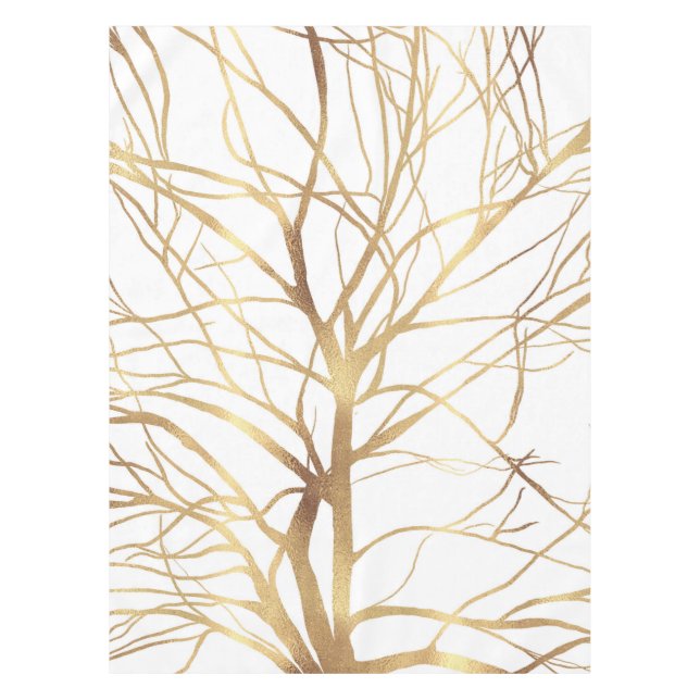 Toalha De Mesa Modern Gold Tree Silhouette Minimal White Design (Frente)