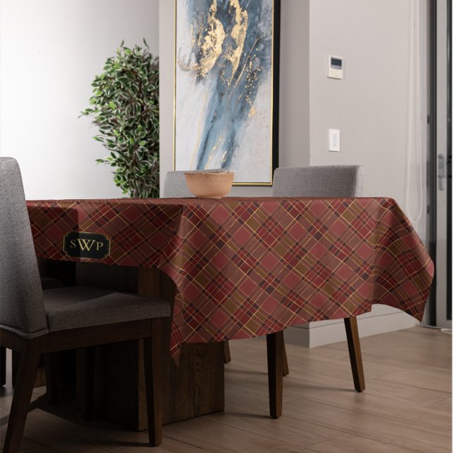 Toalha De Mesa Monograma Dourado Vermelho Monograma Natal Tartan (Red Gold Plaid Monogram Christmas Tartan Tablecloth)