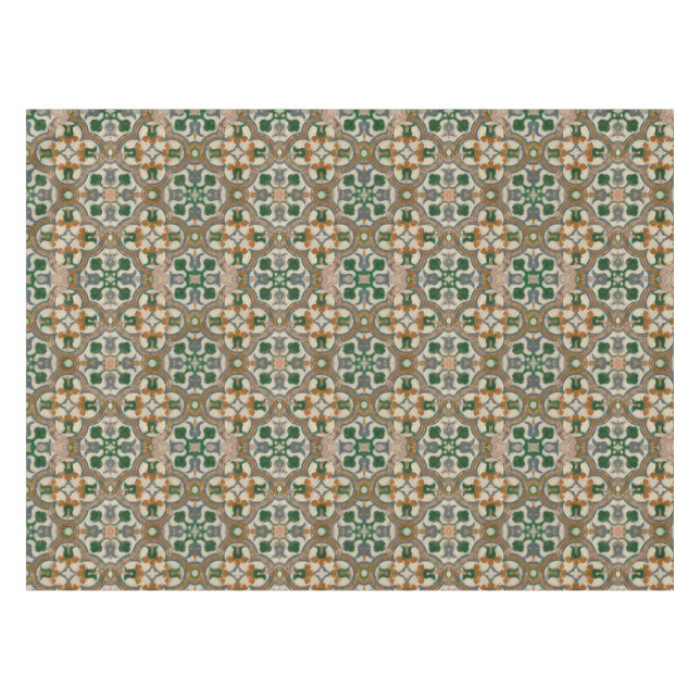 Toalha De Mesa Mostarda verde floral Azulejos Padrão geométrico (Frente (Horizontal))