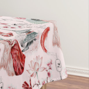 Toalha De Mesa Mulher aquarela japonesa Pagoda Lotus Koi Fish