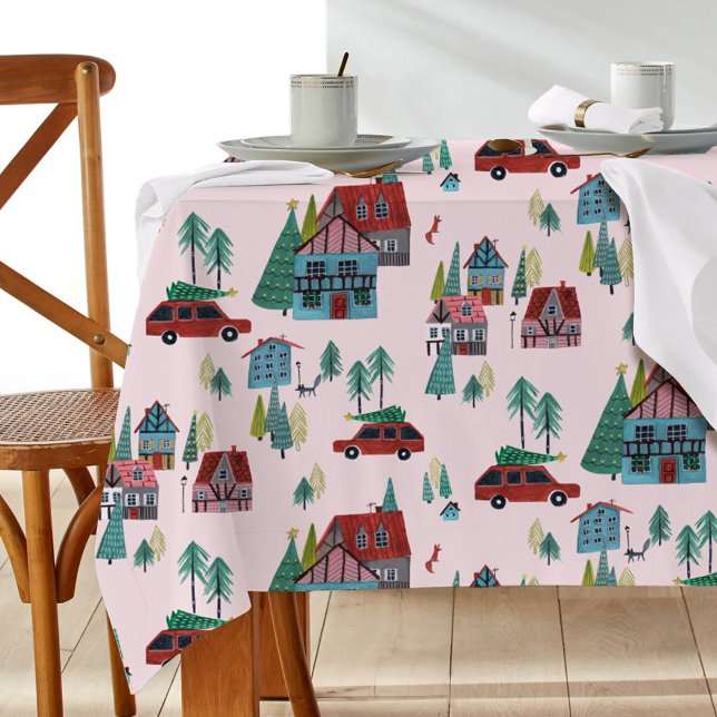 Toalha De Mesa Natal da vila cor-de-rosa (Cute Pink Village Pattern Christmas Tablecloth)