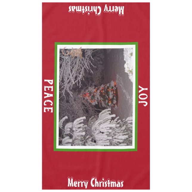 Toalha De Mesa Neve coberta por árvore de Natal Luz vermelha verd (Frente)