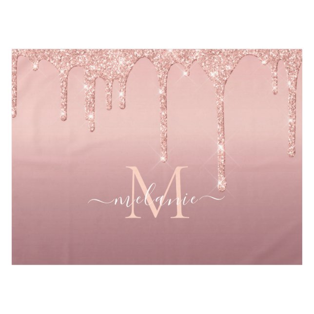 Toalha De Mesa Nome do Monograma Rosa Dourado Blush Glitter Table (Frente (Horizontal))
