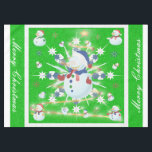 Toalha De Mesa O Glittery Christmas Snowman -<br><div class="desc">Este design apresenta um floco de neve branco e azul, uma árvore ouro, flocos de neve coloridos e muitos homens de neve vestidos para uma fria época de Natal. Uma falha foi adicionada a este design. Um fundo verde foi adicionado com uma borda branca. Feliz Natal foi adicionado a este...</div>