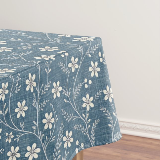 Toalha De Mesa Olhar de jeans azul e branco com flores brancas (Posição Original)