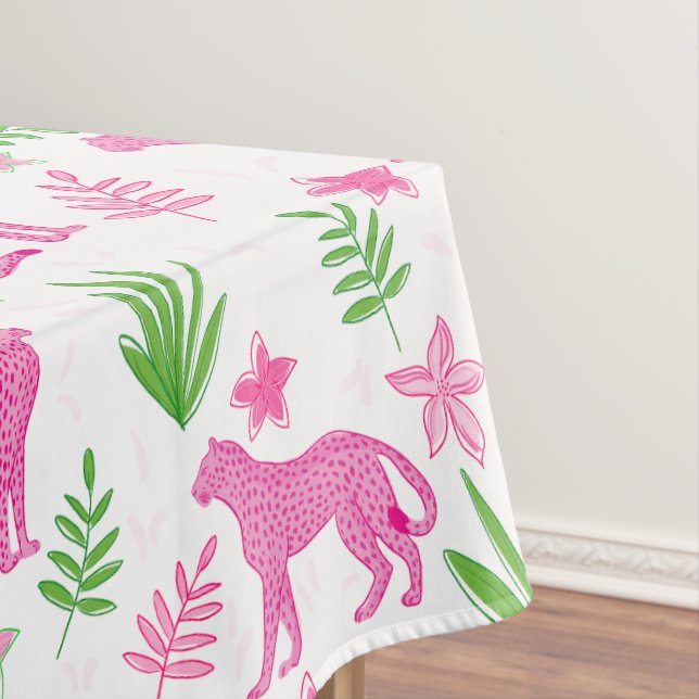 Toalha De Mesa Onça Rosa Préppy Fundo Floral Branco  (Posição Original)