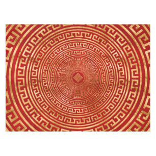 Toalha De Mesa Ornaço grego redondo - Dourado em vermelho