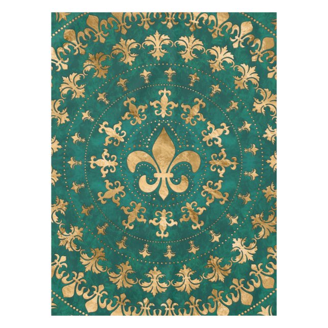 Toalha De Mesa Ornamento Fleur-de-lis Emerald Green (Frente)
