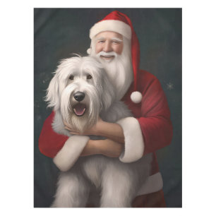 Toalha De Mesa Ovelha Cachorro Inglês com Papai Noel Festivo