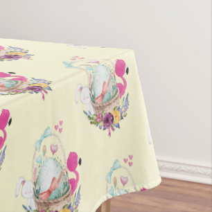 Toalha De Mesa Ovo Fresco, Flamingo E Coelho Rosa, Aquarela