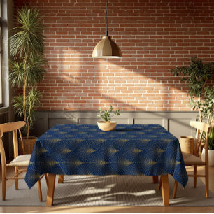 Toalha De Mesa Padrão Art Déco Elegante Azul Escuro e Dourado